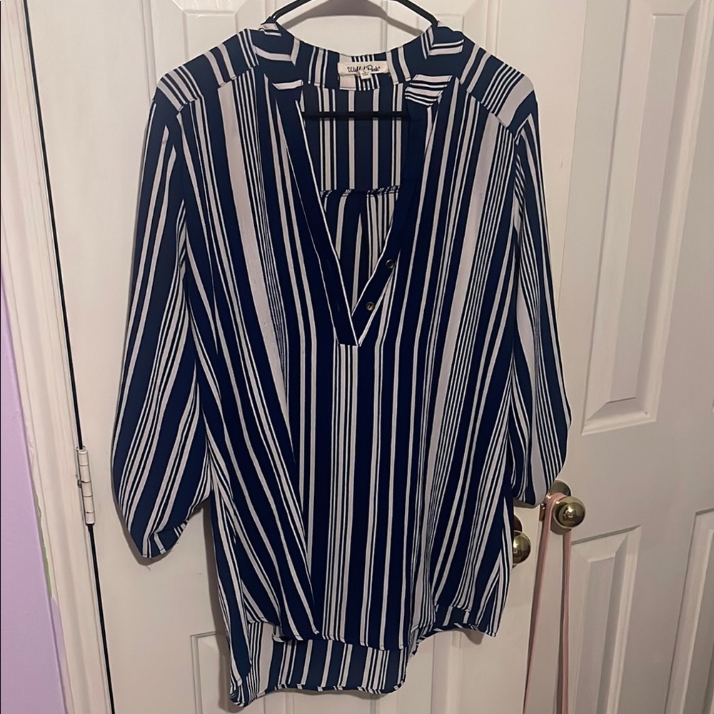 Wishful Park Blue and White Asymmetrical 3/4 Sleeve Blouse